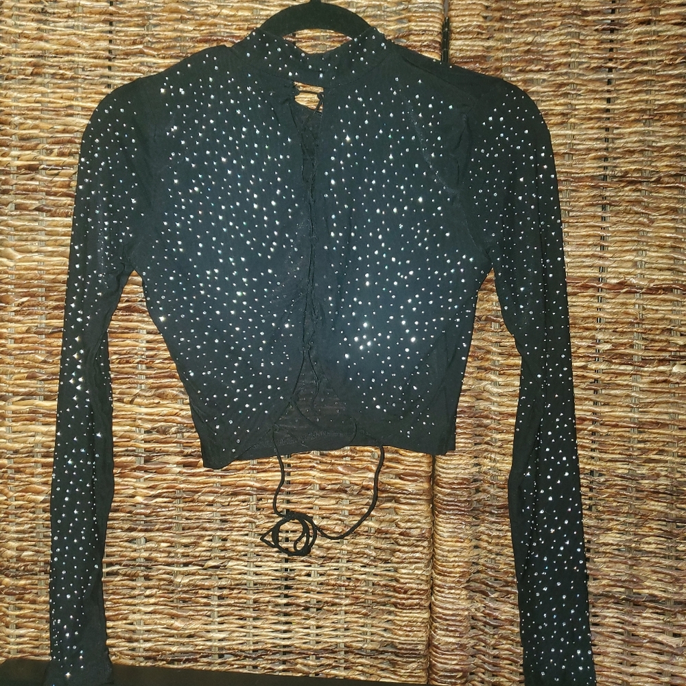New black, sequin, crop top, long sleeve